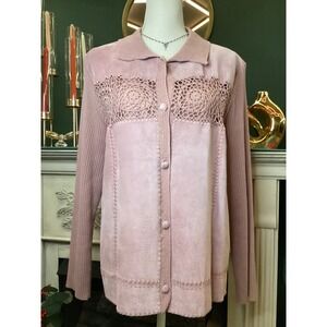 Nygard Collection Jacket Womens XL Pink Excellent Suede Crochet Knit Mixed Media